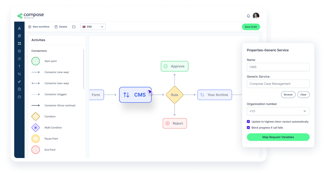 highlighted Case Management integration block in drag and drop workflow builder