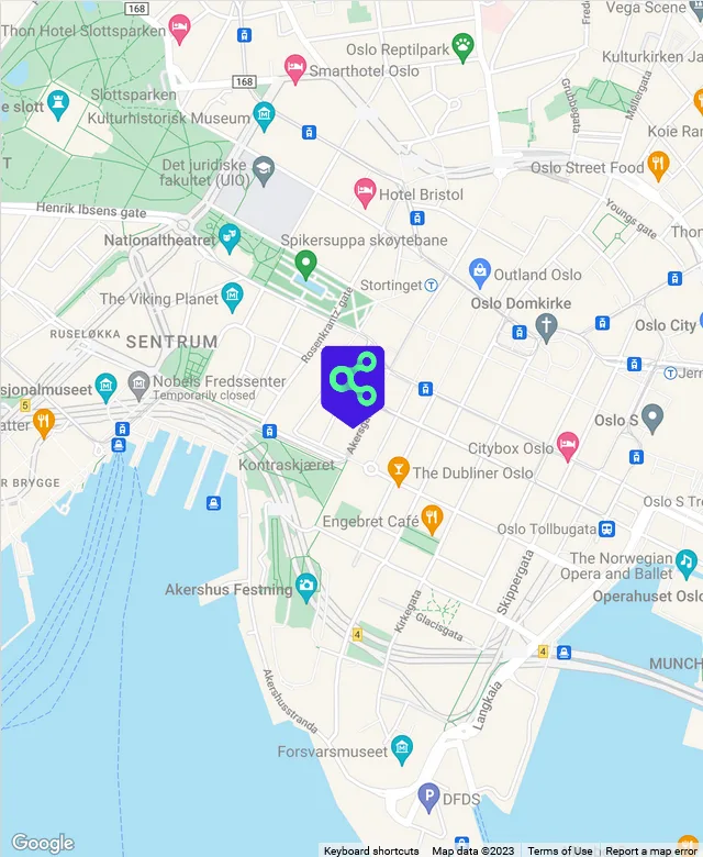 Map of Oslo center, with pin on Akersgata 7, the Compose office