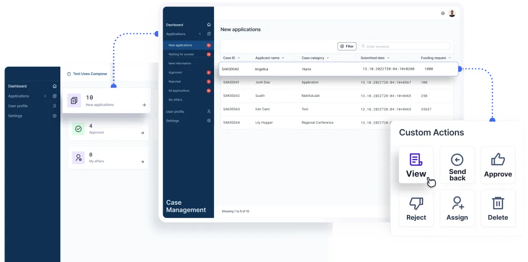 ccm Compose Case Management (CCM) interface showcasing an organized dashboard for managing new applications, including features like viewing, approving, and assigning tasks. Designed for enterprise efficiency.