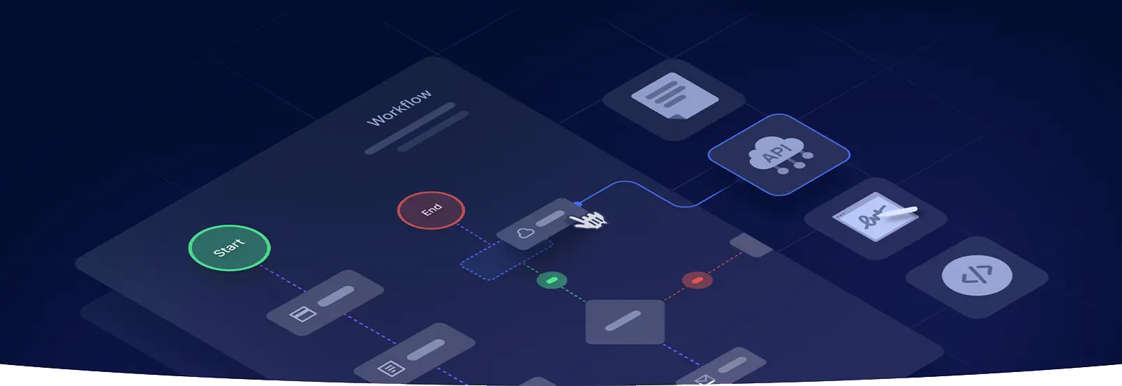 Low-code development platform illustration with digital signing, api connection modules, forms module, end and start points and logic gates. 