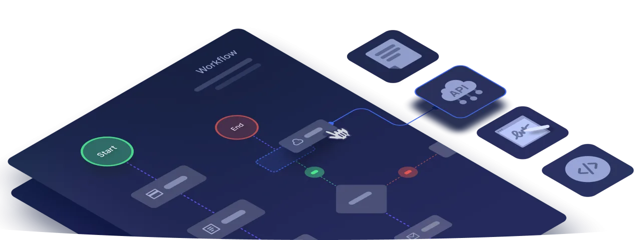 Low-code development platform illustration with digital signing, api connection modules, forms module, end and start points and logic gates. 