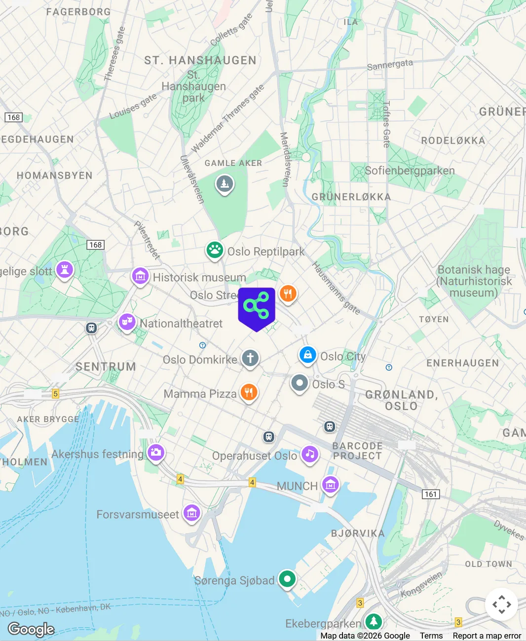 Map of Oslo center, with pin on Akersgata 7, the Compose office